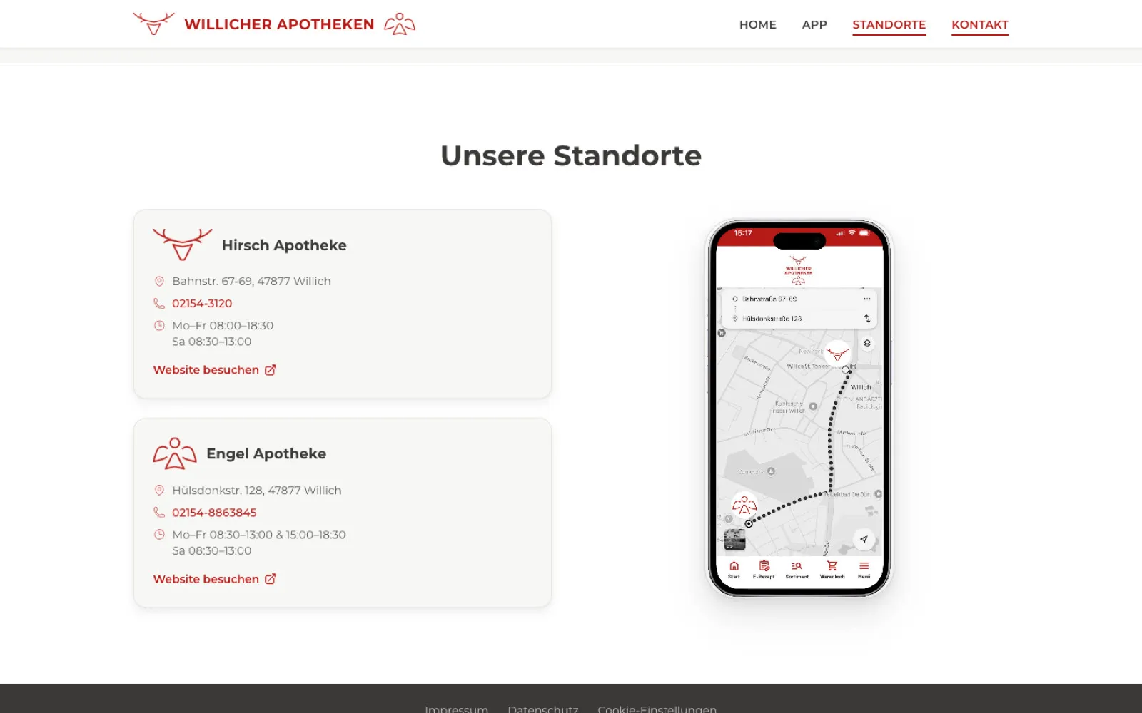 Standorte section with both pharmacy cards and an in-app map mockup